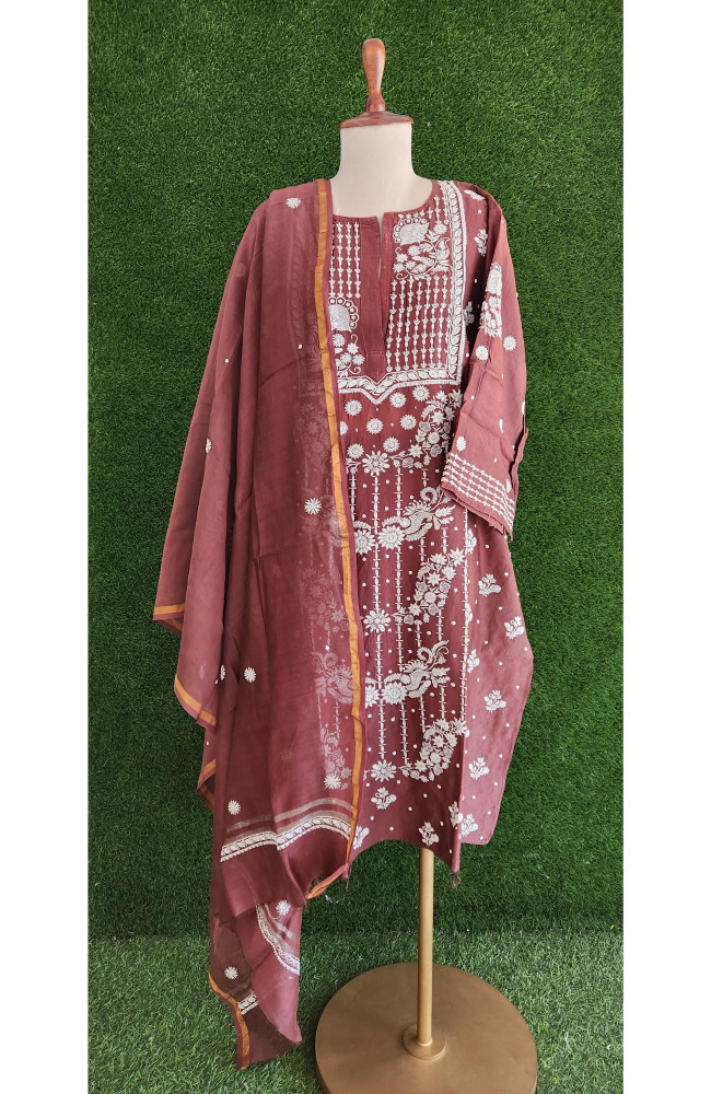 Image of Rohia Chocolate Brown Chanderi Silk Chikankari Suit Length