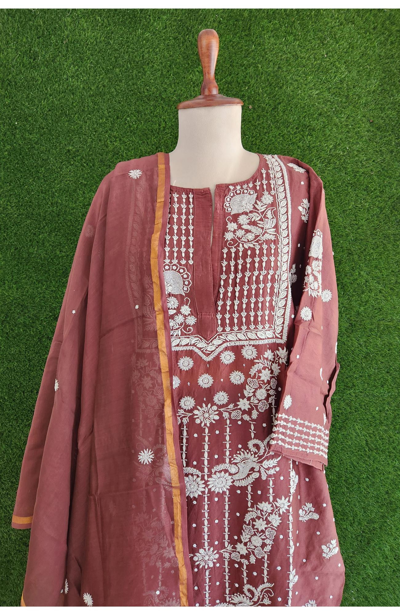 Rohia Chocolate Brown Chanderi Silk Chikankari Suit Length