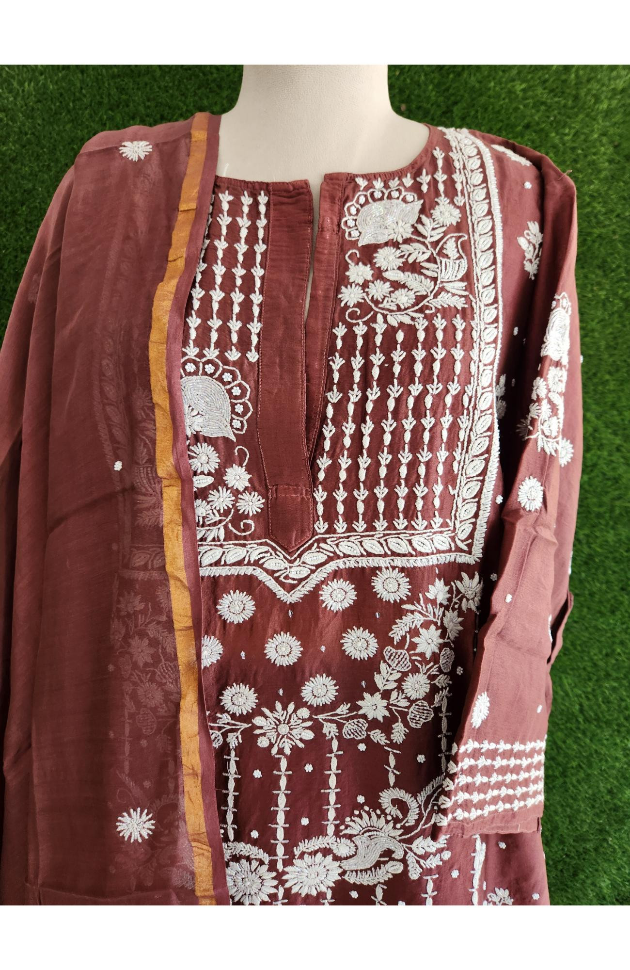 Rohia Chocolate Brown Chanderi Silk Chikankari Suit Length