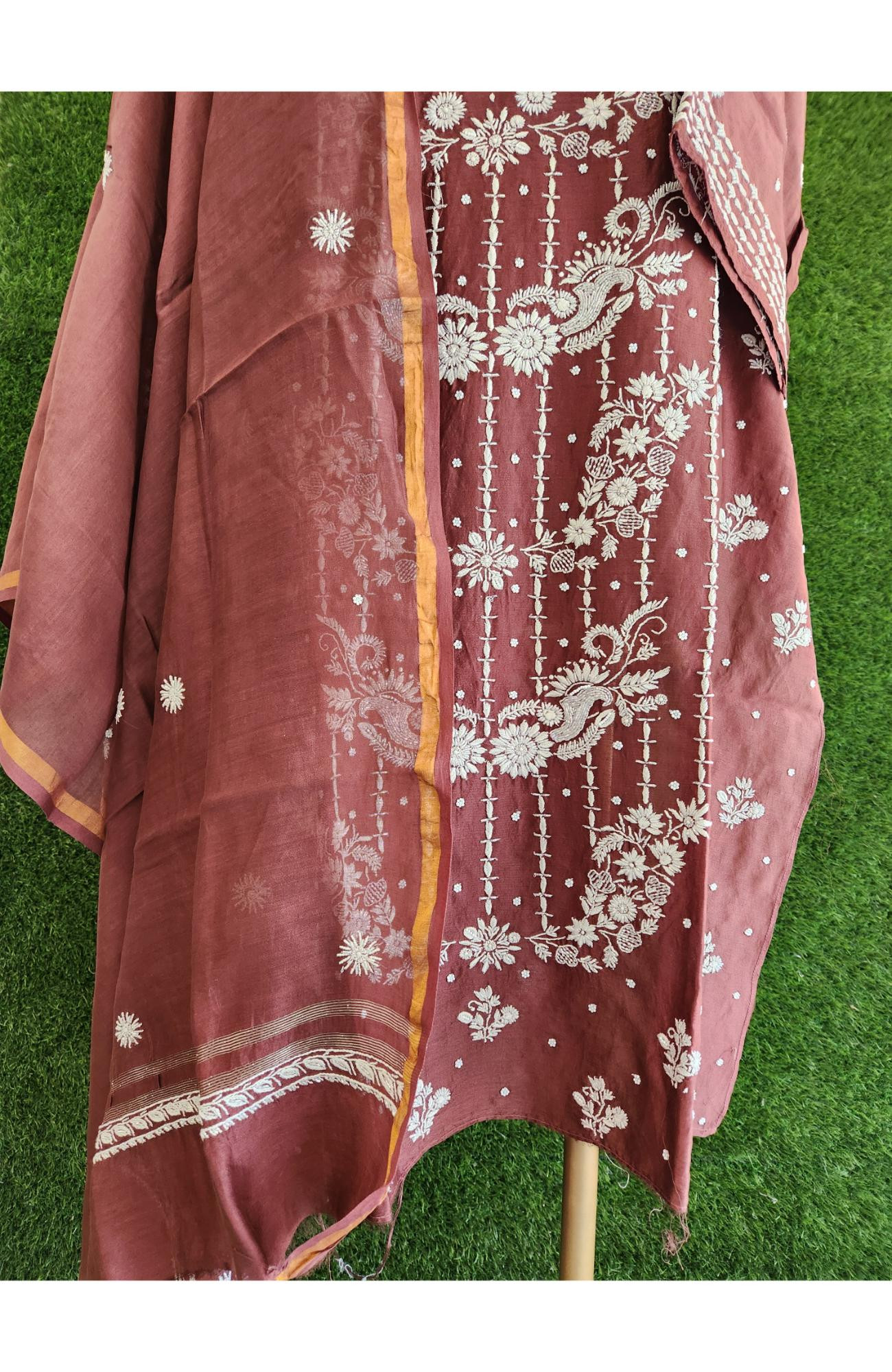 Rohia Chocolate Brown Chanderi Silk Chikankari Suit Length