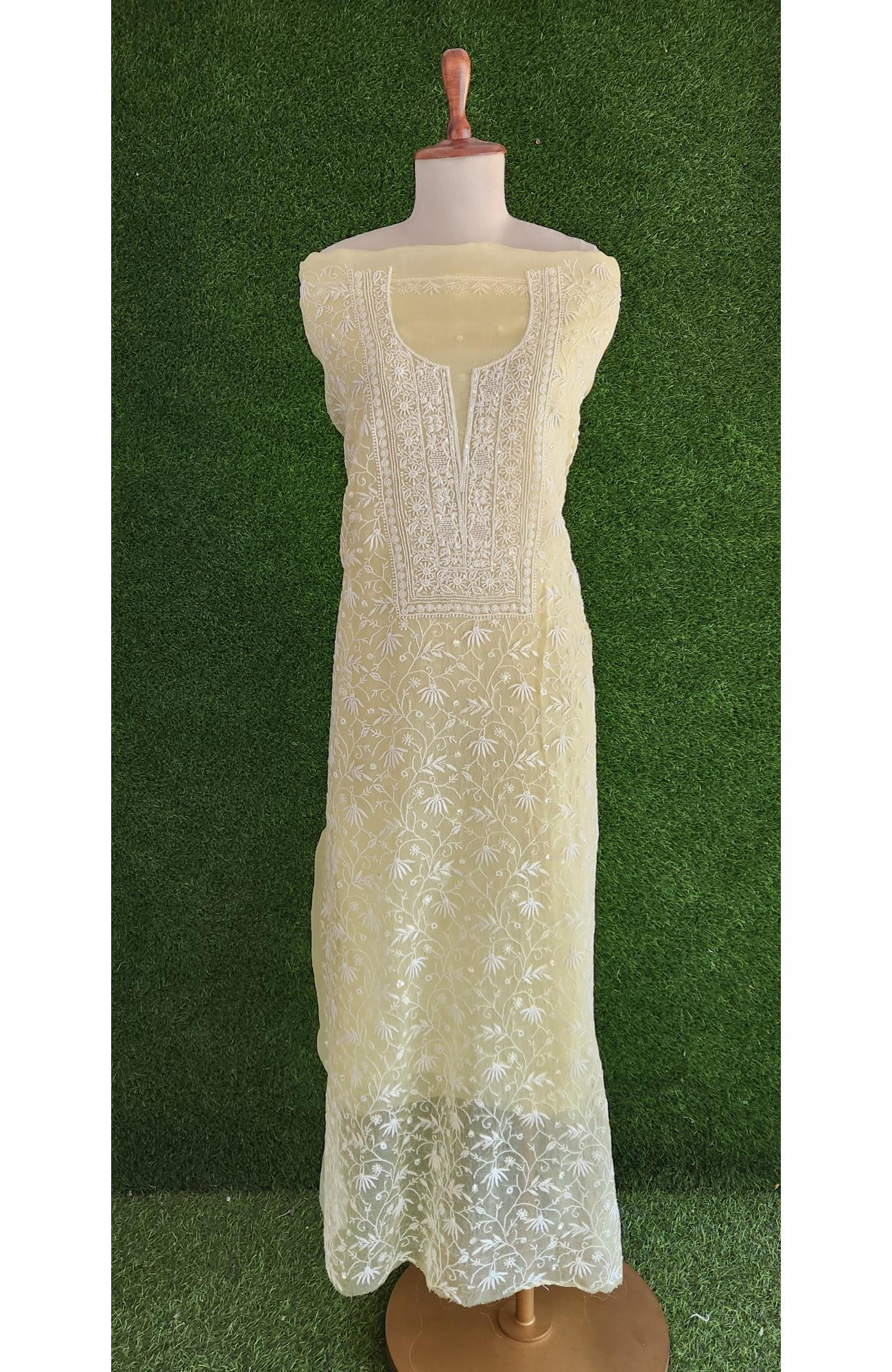 Rohia Lemon Yellow Organza Fabric Chikankari Suit Length