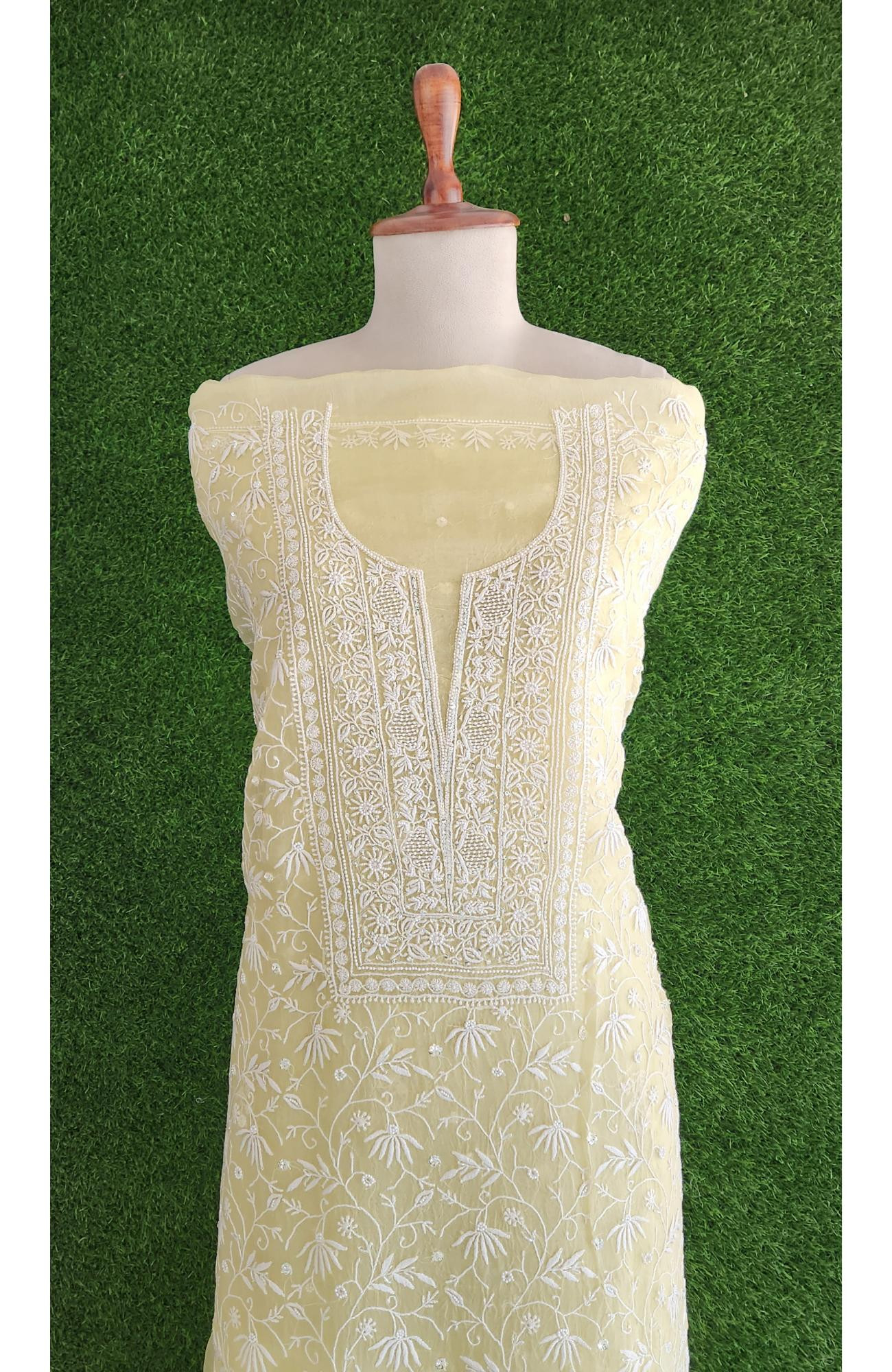 Rohia Lemon Yellow Organza Fabric Chikankari Suit Length