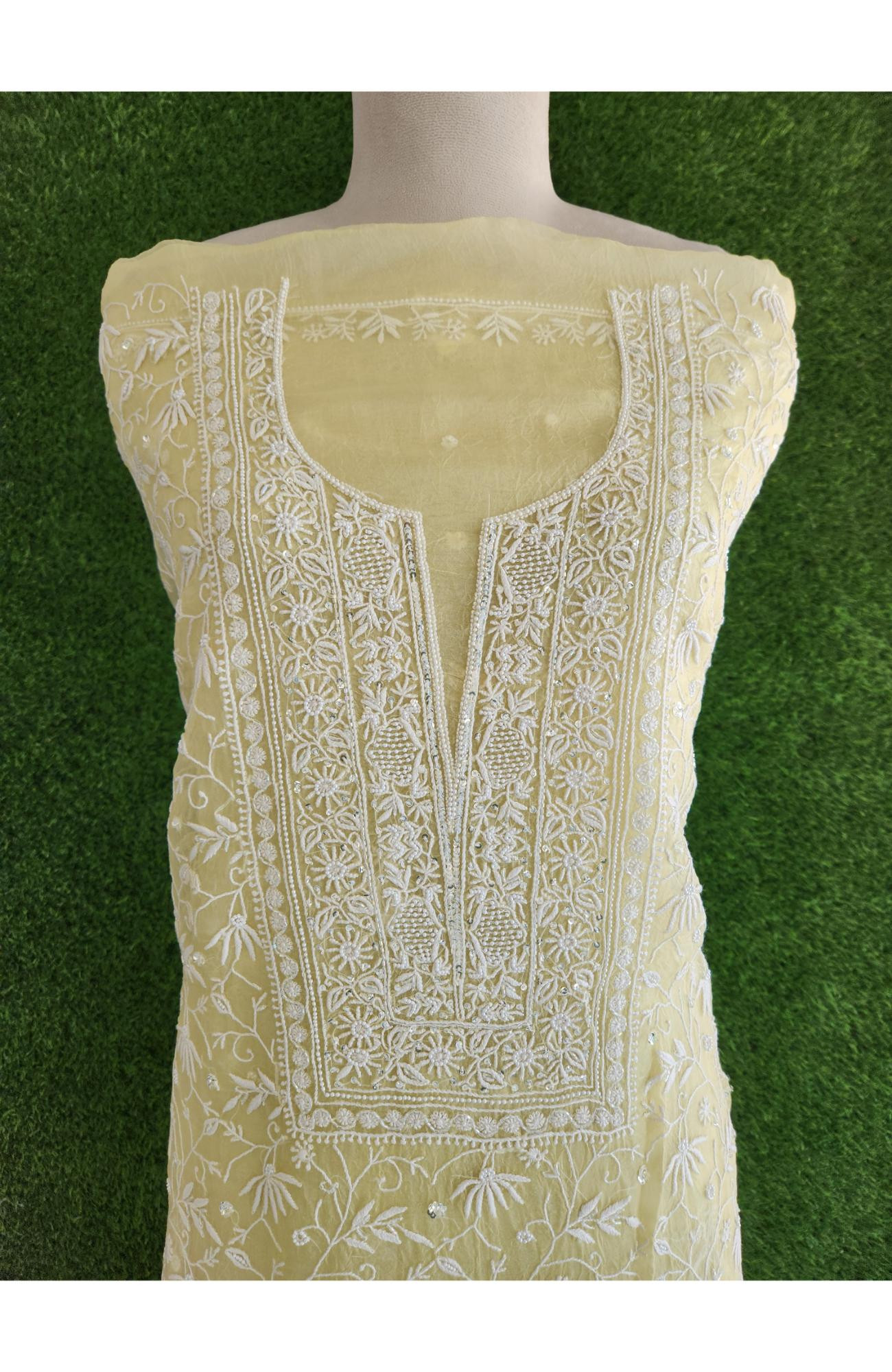 Rohia Lemon Yellow Organza Fabric Chikankari Suit Length