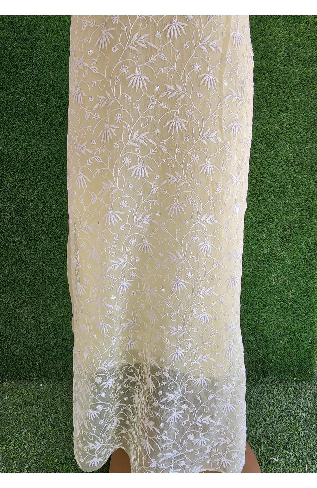 Rohia Lemon Yellow Organza Fabric Chikankari Suit Length