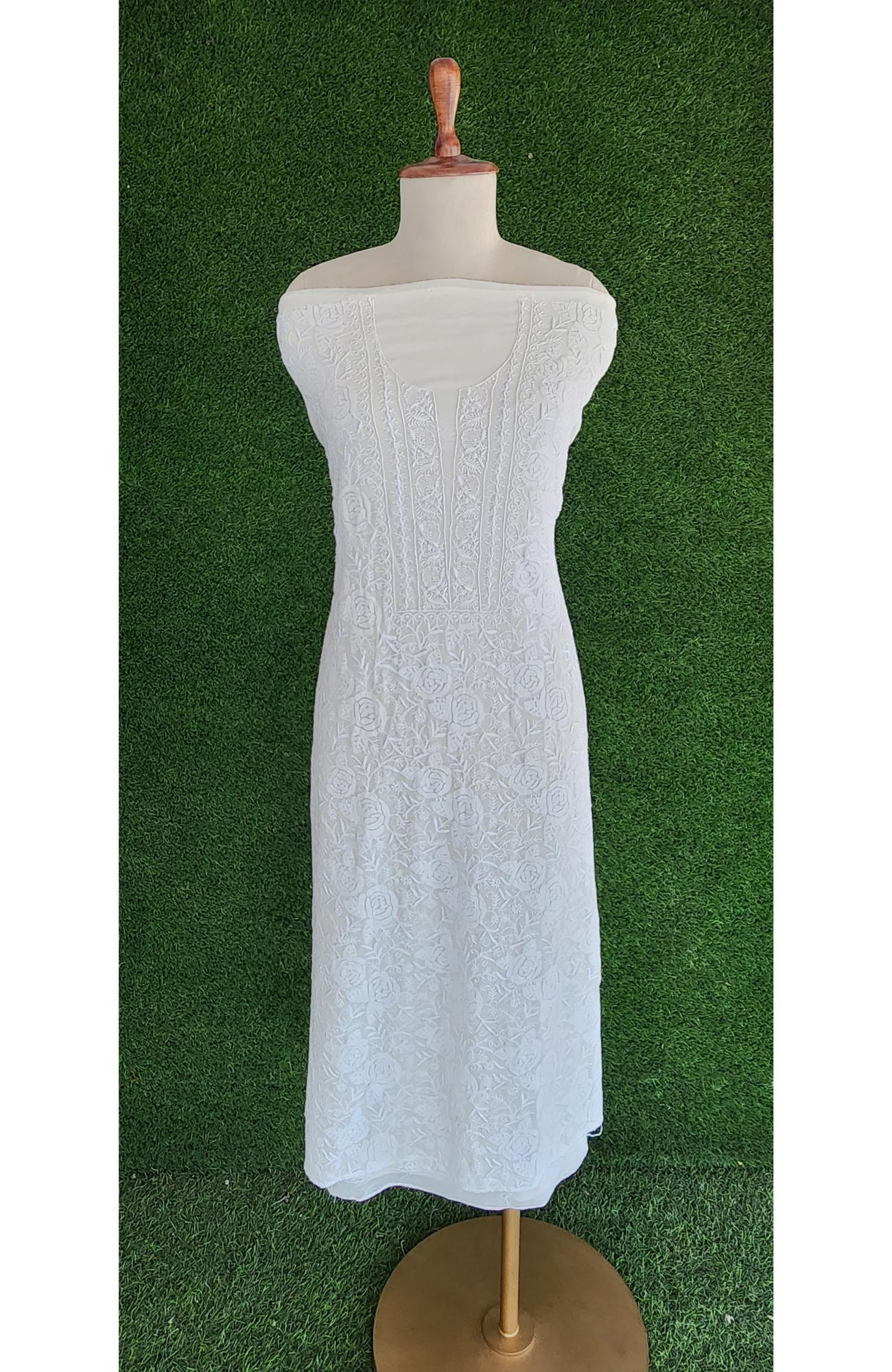 Rohia White Pure Georgette Chikankari Suit Length