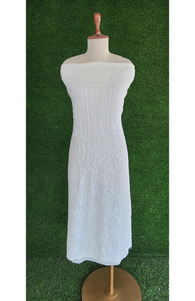 Image of Rohia White Pure Georgette Chikankari Suit Length