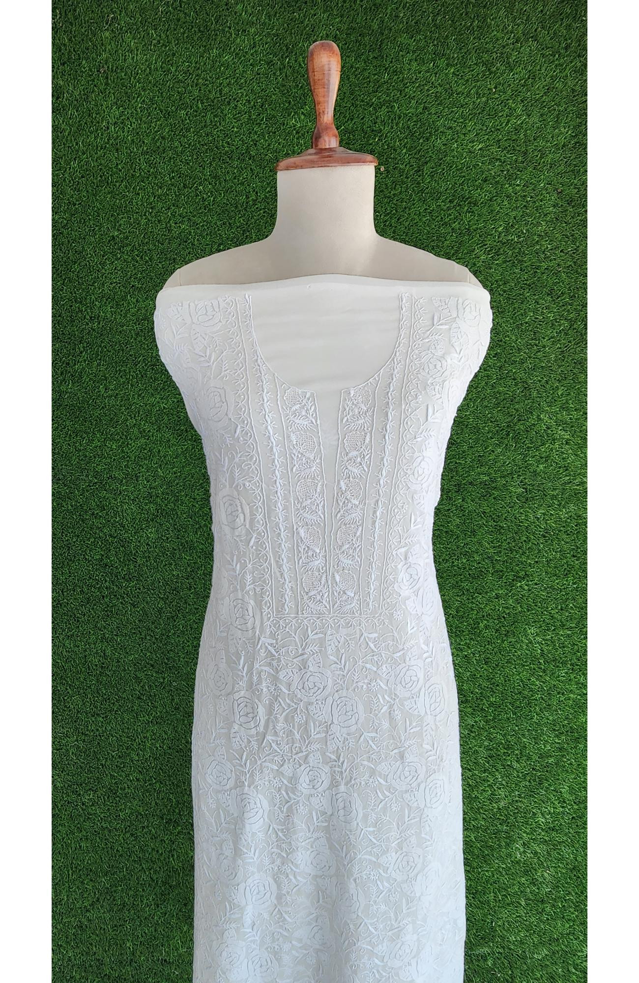 Rohia White Pure Georgette Chikankari Suit Length