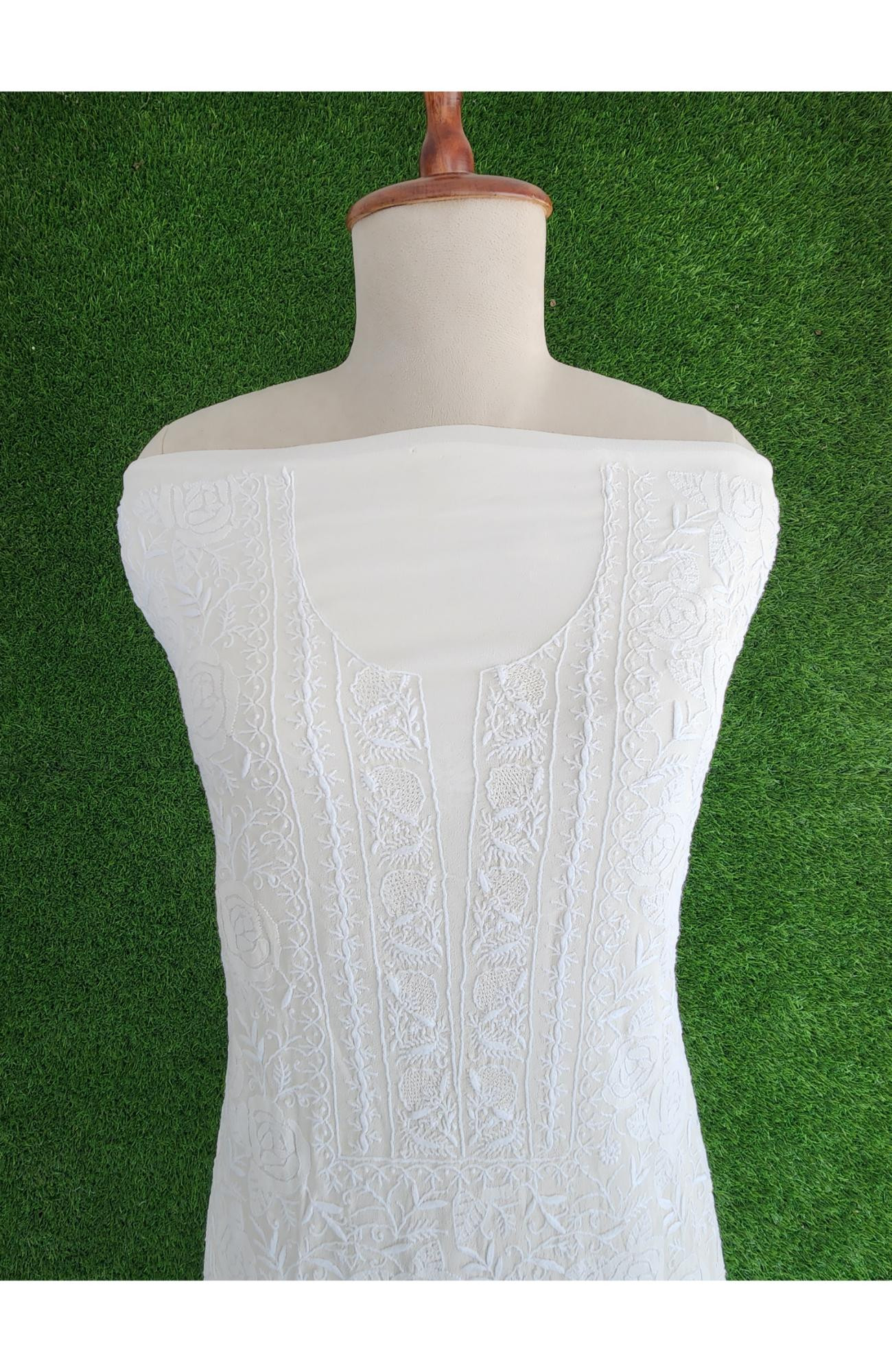 Rohia White Pure Georgette Chikankari Suit Length