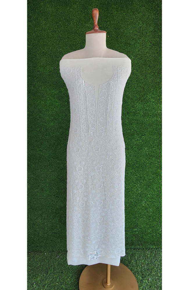 Image of Rohia White Pure Georgette Chikankari Suit Length