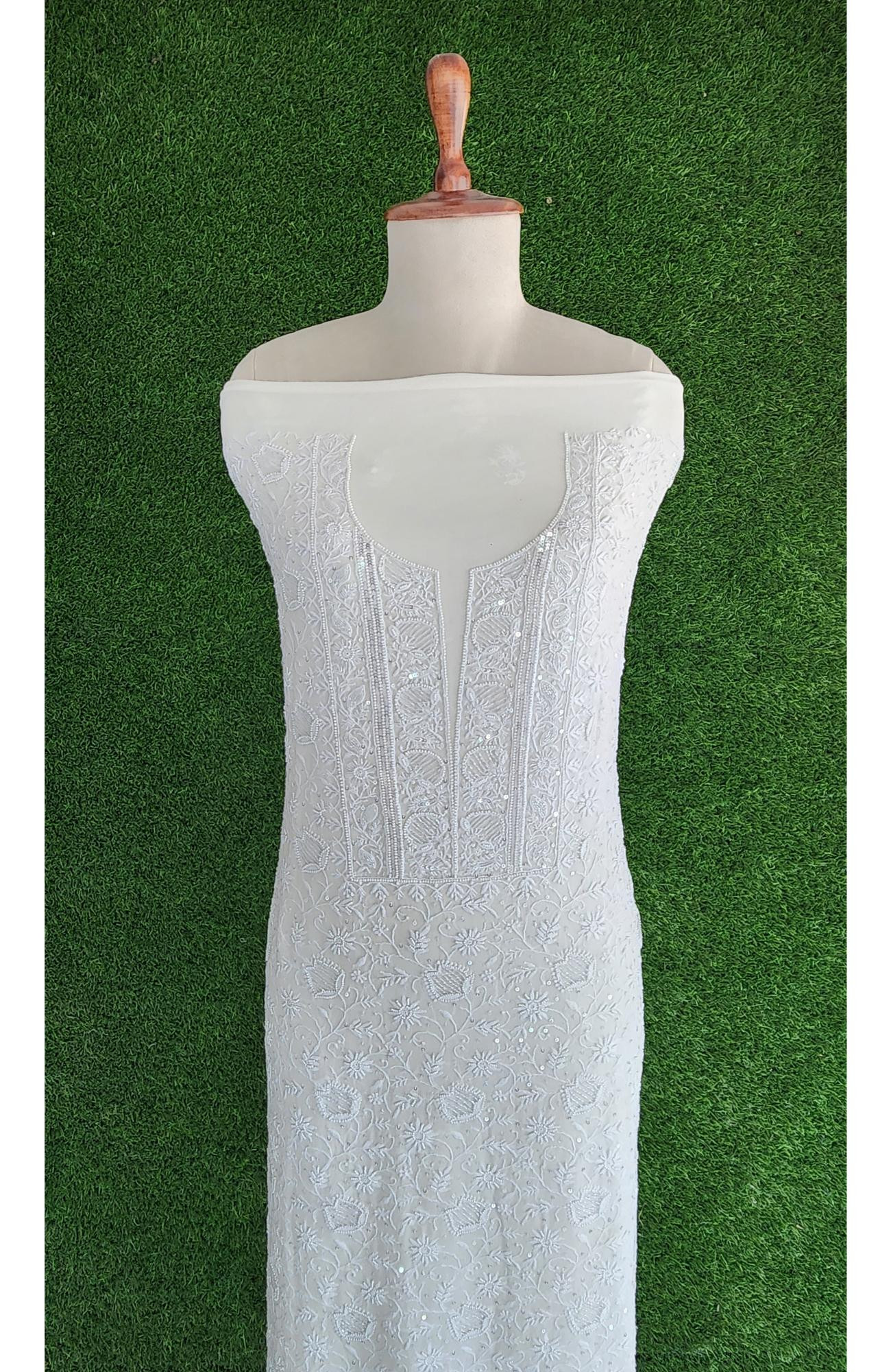 Rohia White Pure Georgette Chikankari Suit Length