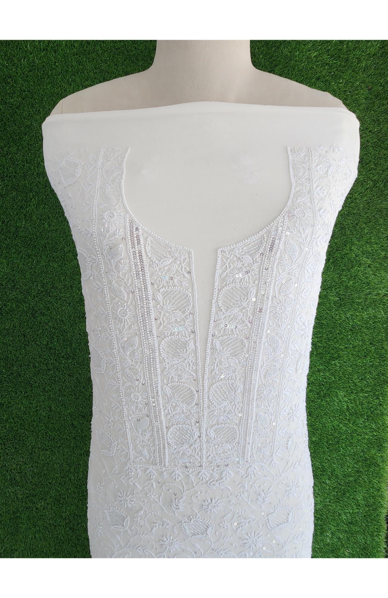 Rohia White Pure Georgette Chikankari Suit Length