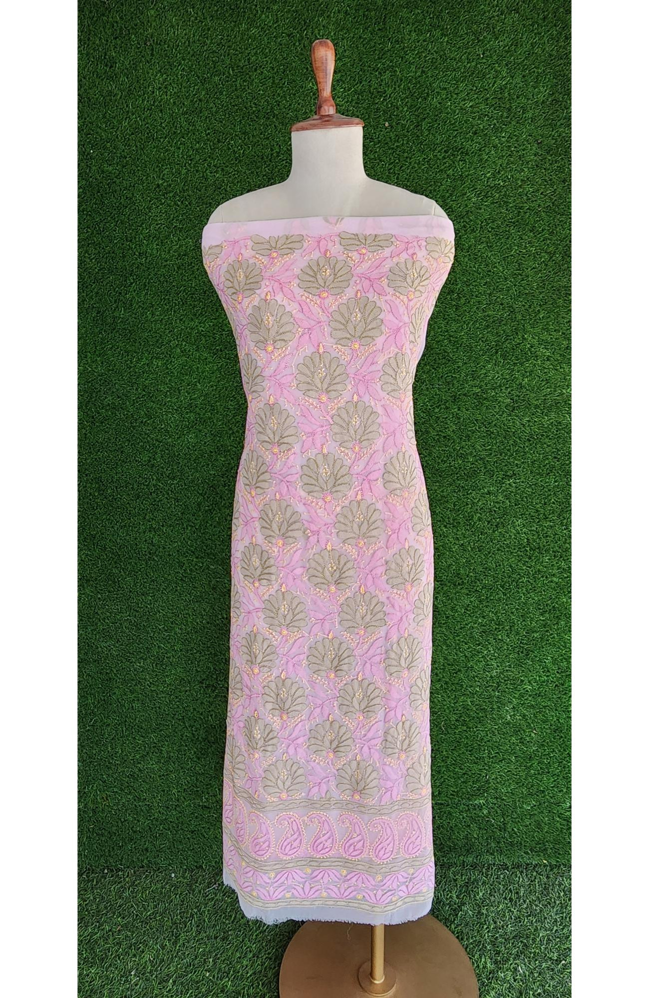 Rohia Pink Faux Georgette Women Chikankari Suit Length