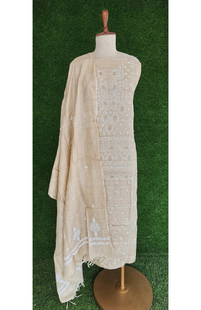 Image of Beige Khadi Silk Lucknowi Chikankari Suit Length