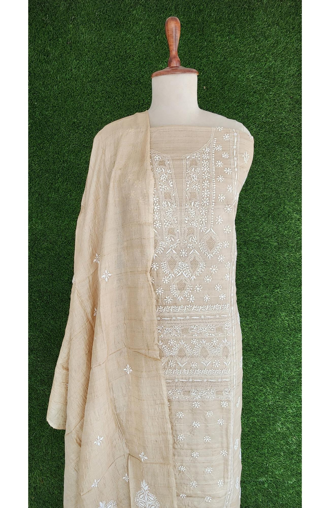 Beige Khadi Silk Lucknowi Chikankari Suit Length