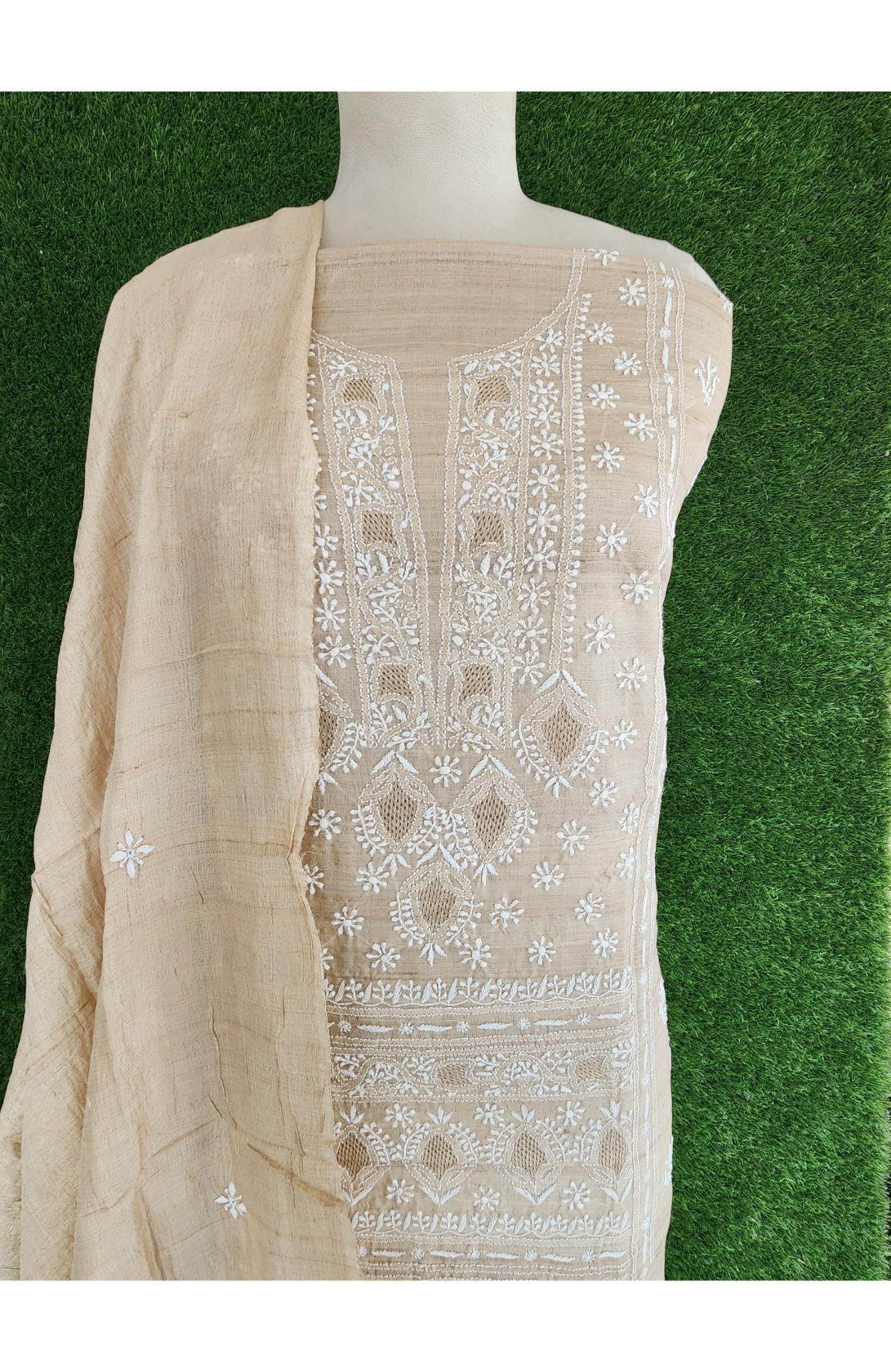 Beige Khadi Silk Lucknowi Chikankari Suit Length