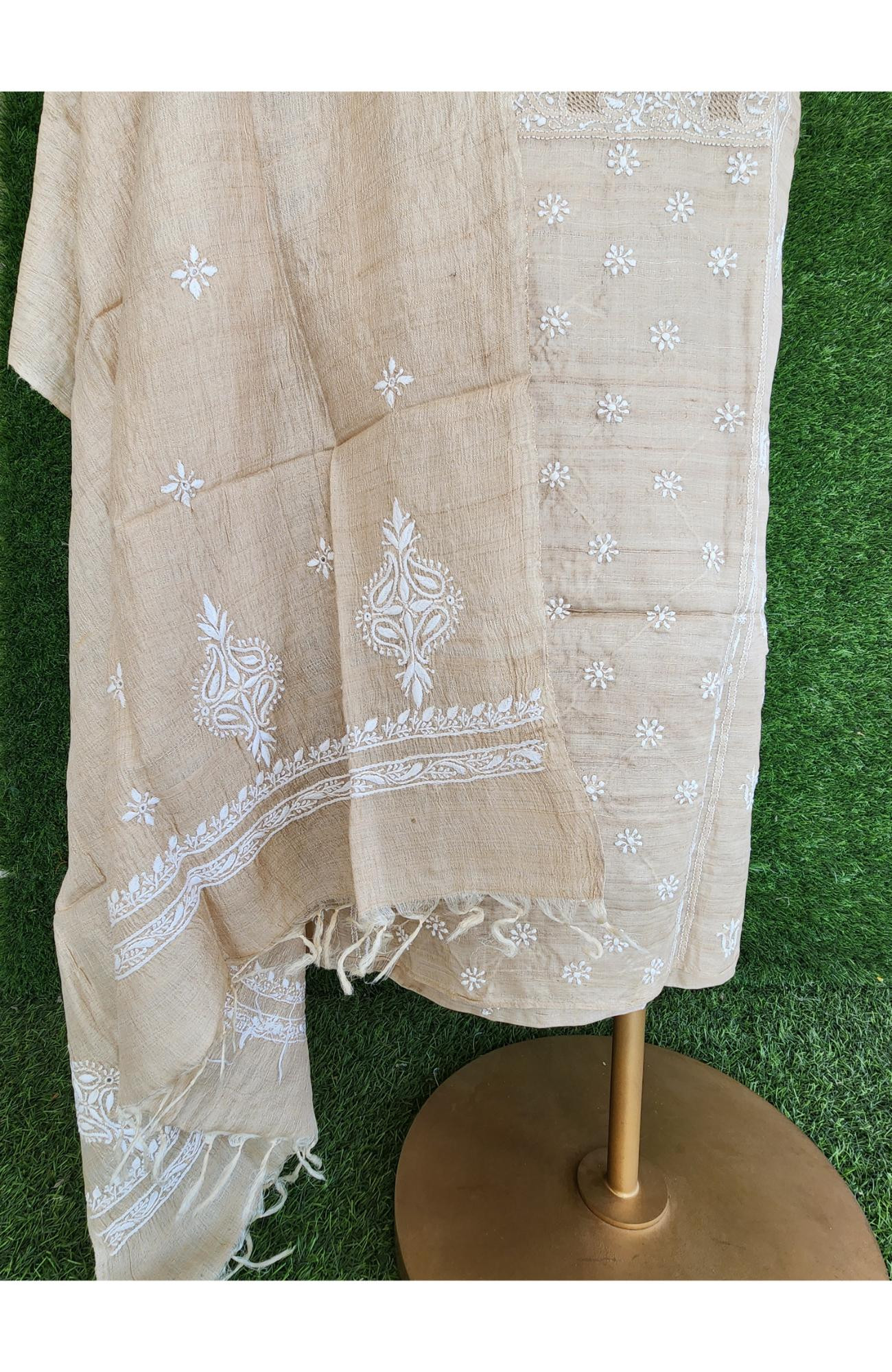 Beige Khadi Silk Lucknowi Chikankari Suit Length