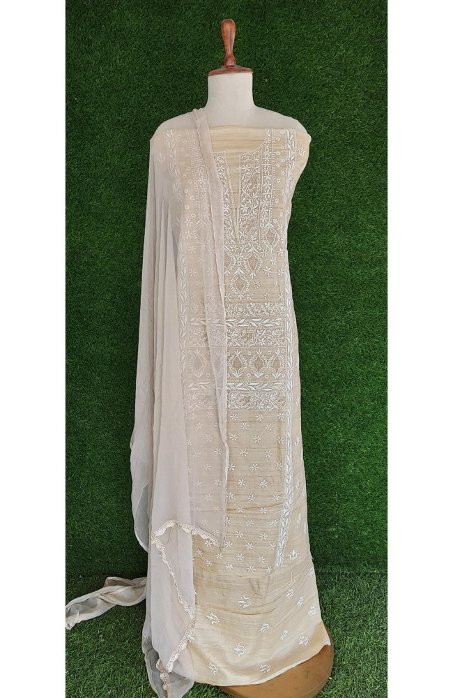 Image of Beige Munga Silk Lucknowi Chikankari Suit Length