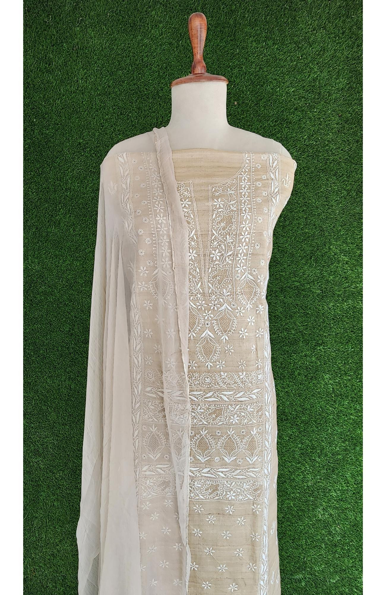 Beige Munga Silk Lucknowi Chikankari Suit Length