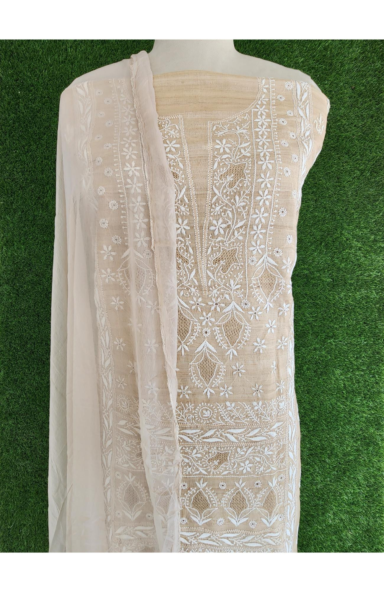 Beige Munga Silk Lucknowi Chikankari Suit Length