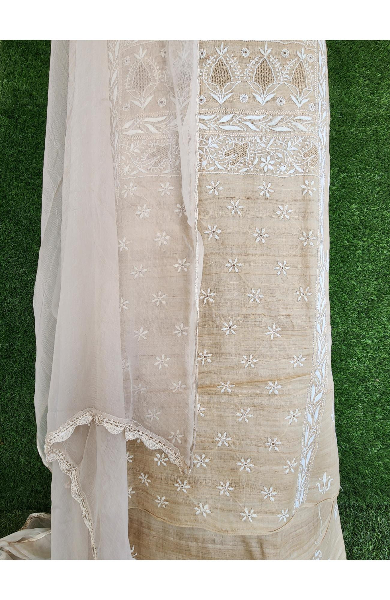 Beige Munga Silk Lucknowi Chikankari Suit Length