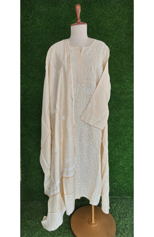 Image of Beige Munga Silk Lucknowi Chikankari Suit Length