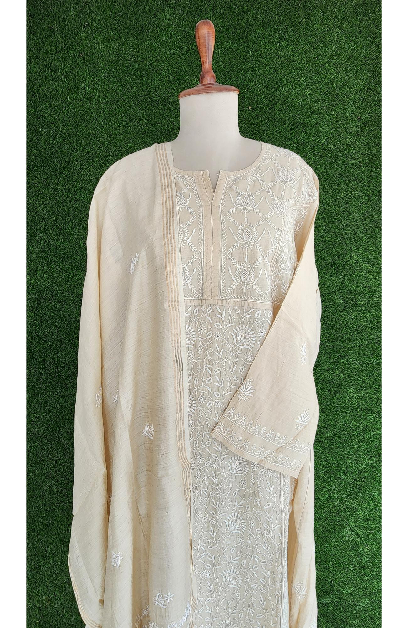 Beige Munga Silk Lucknowi Chikankari Suit Length