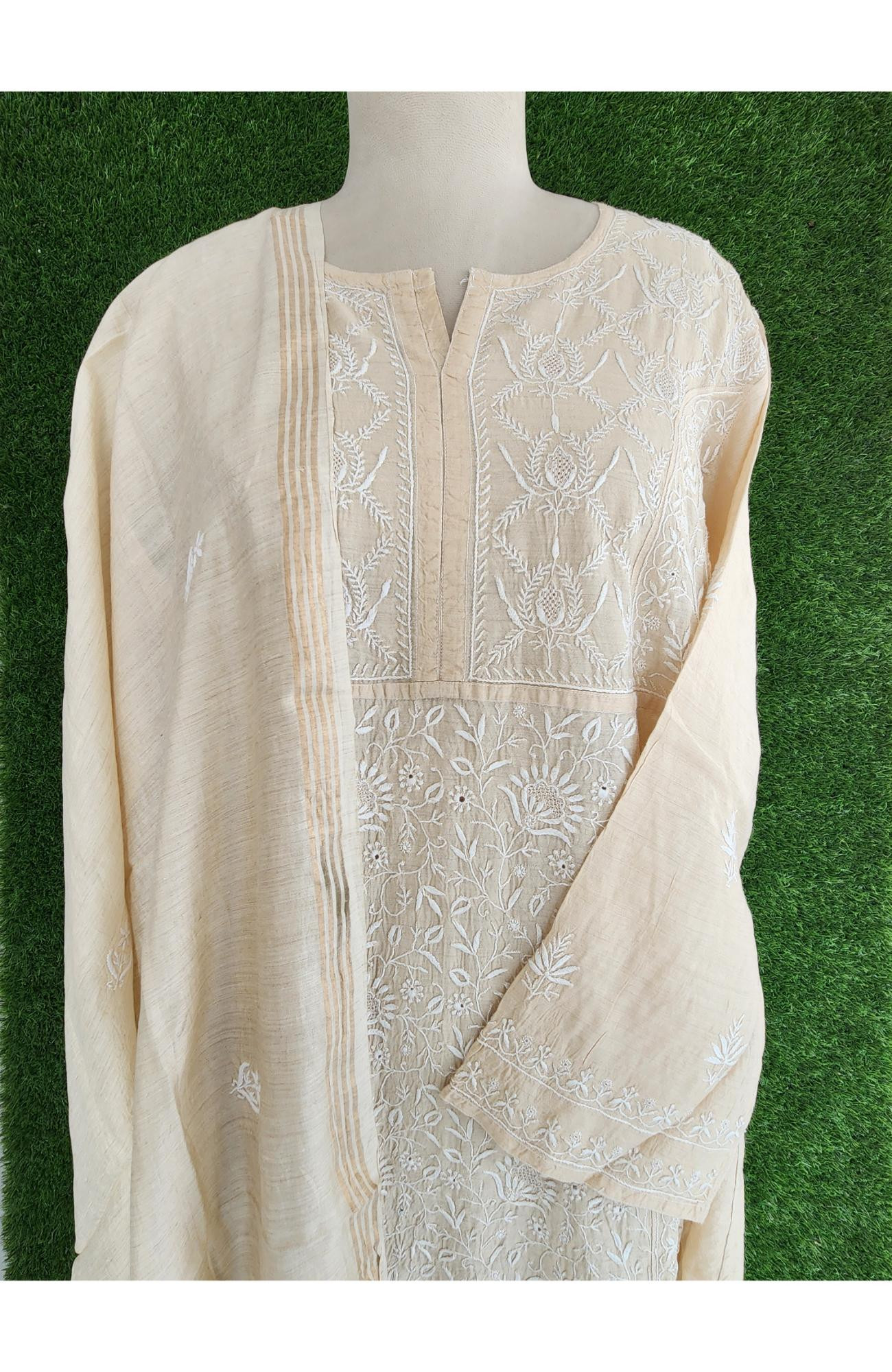 Beige Munga Silk Lucknowi Chikankari Suit Length