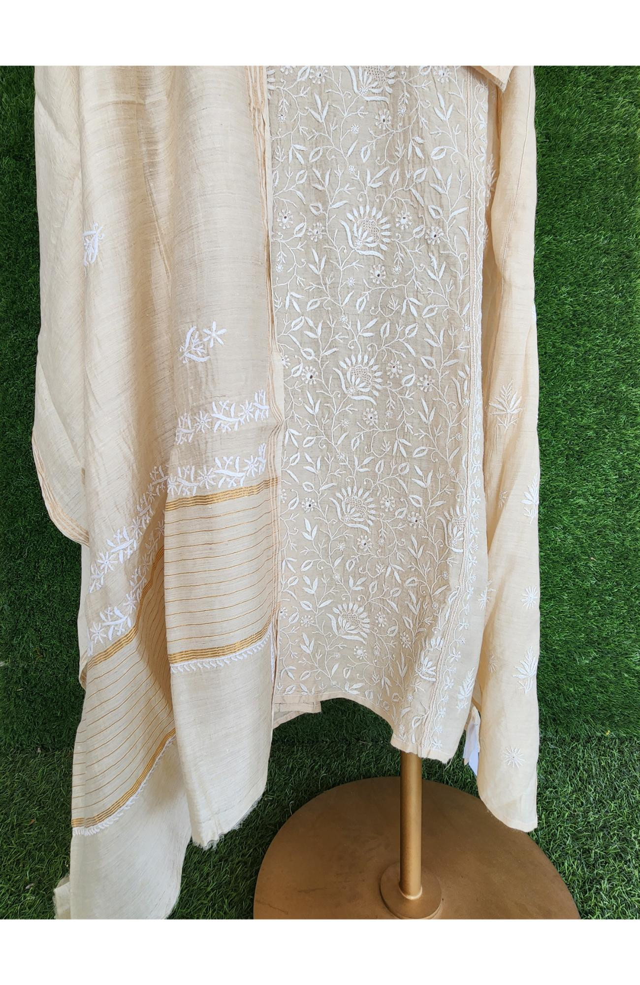 Beige Munga Silk Lucknowi Chikankari Suit Length