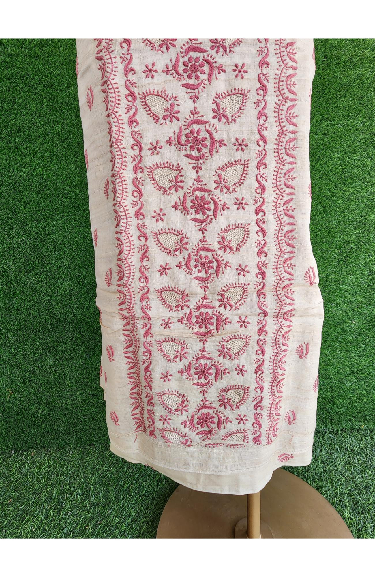Rohia Beige Khadi Silk  Women Lucknowi Chikankari  Kurta & Dupatta Set