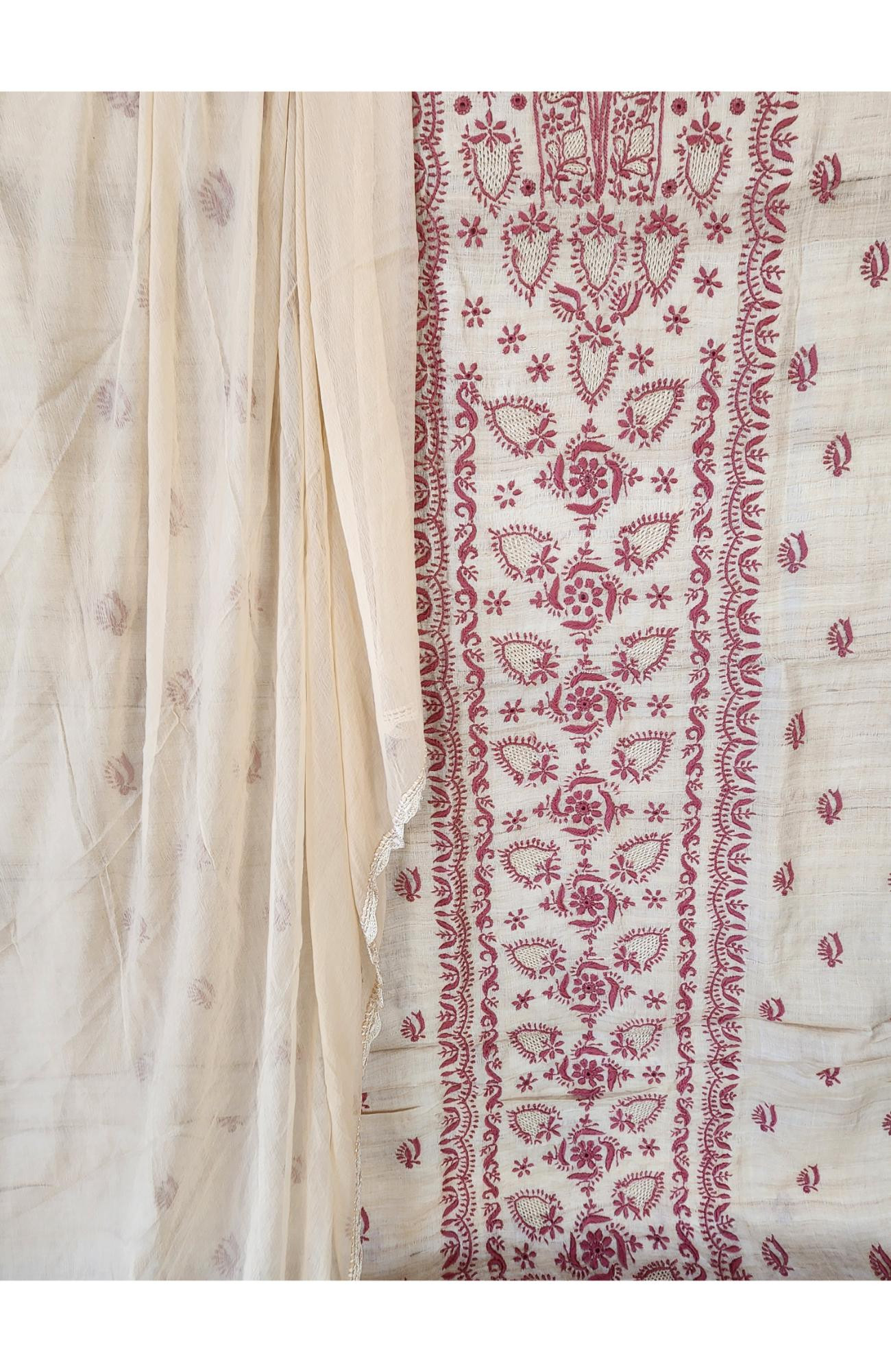 Rohia Beige Khadi Silk  Women Lucknowi Chikankari  Kurta & Dupatta Set
