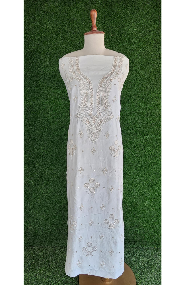 Image of White Pure Chanderi Chikankari Kurta &amp; Dupatta