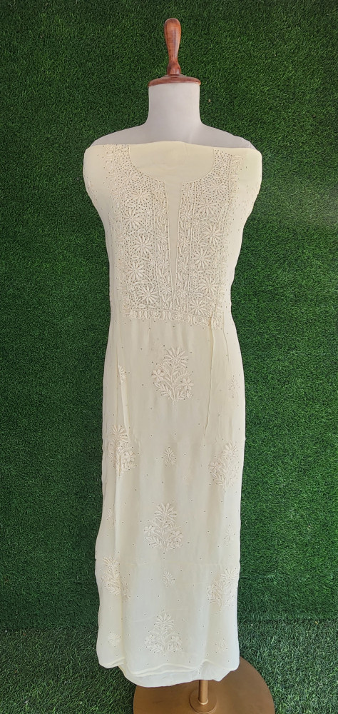 Image of Lemon Yellow Pure Georgette Chikankari Kurta &amp; Dupatta