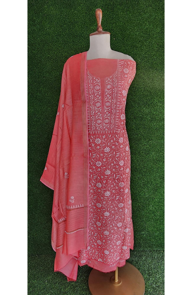 Image of Light Carrot Pink Chanderi Silk Chikankari Suit Length