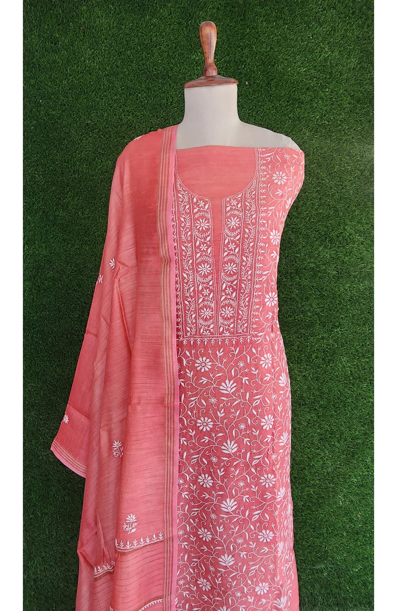 Light Carrot Pink Chanderi Silk Chikankari Suit Length