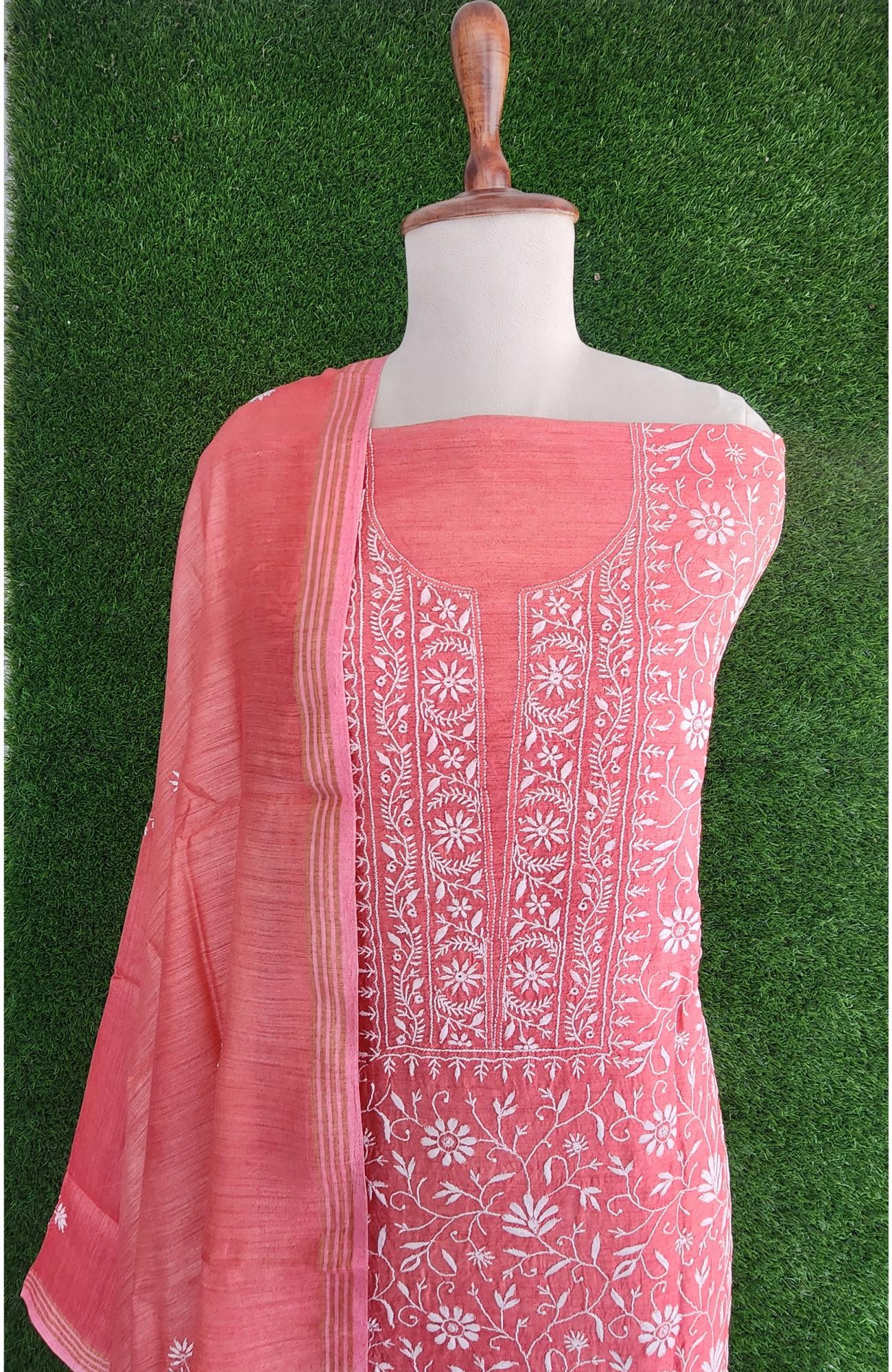 Light Carrot Pink Chanderi Silk Chikankari Suit Length