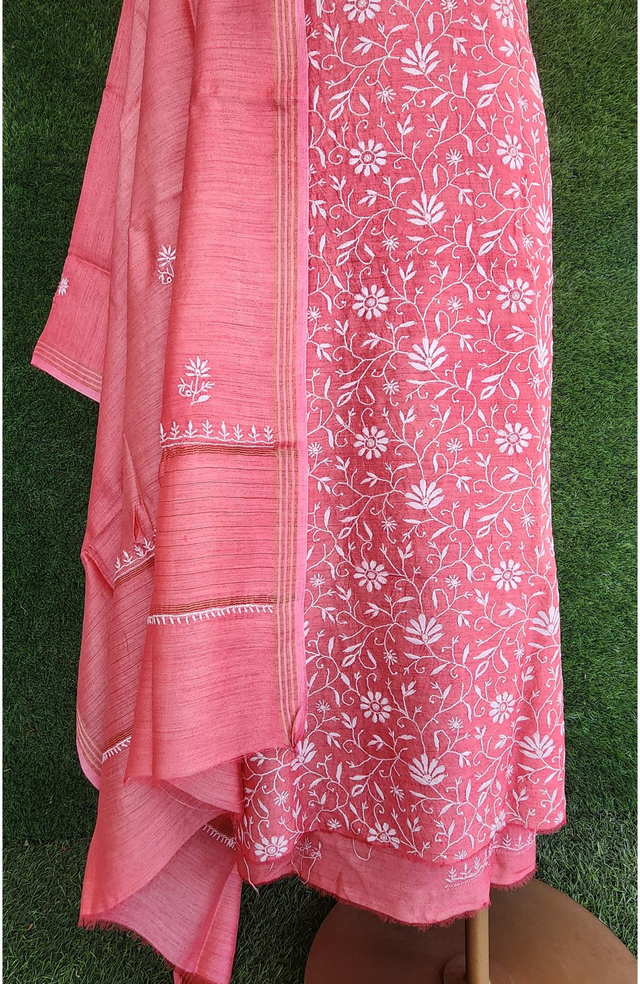 Light Carrot Pink Chanderi Silk Chikankari Suit Length