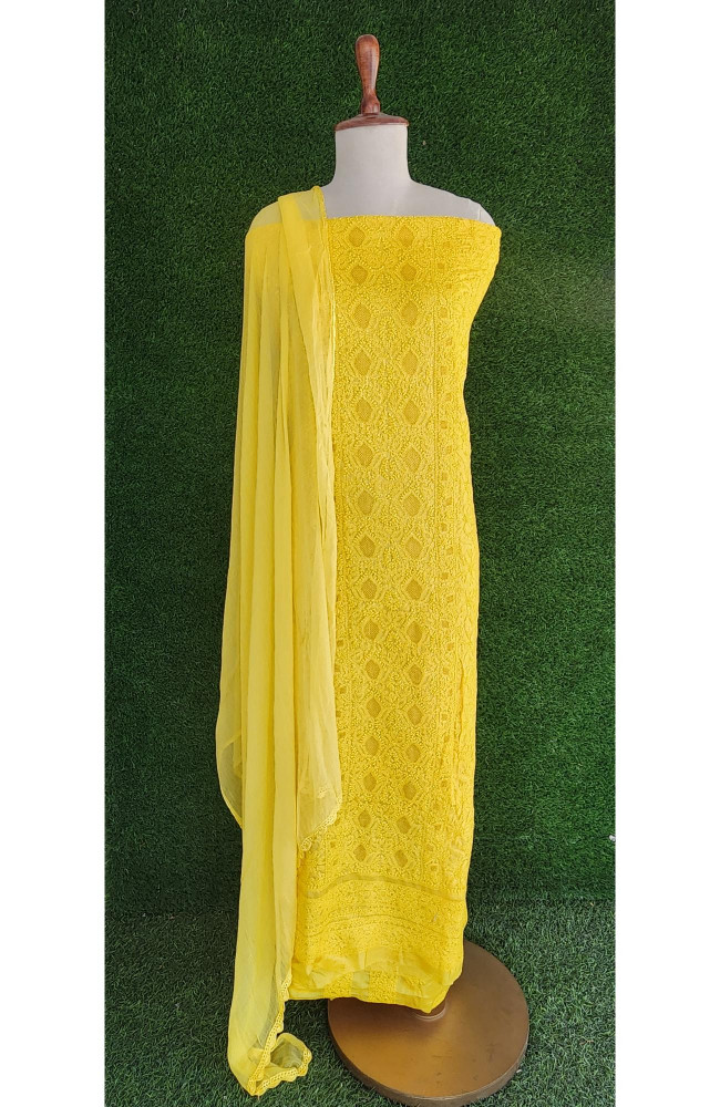 Image of Yellow Silk Chikankari Suit
