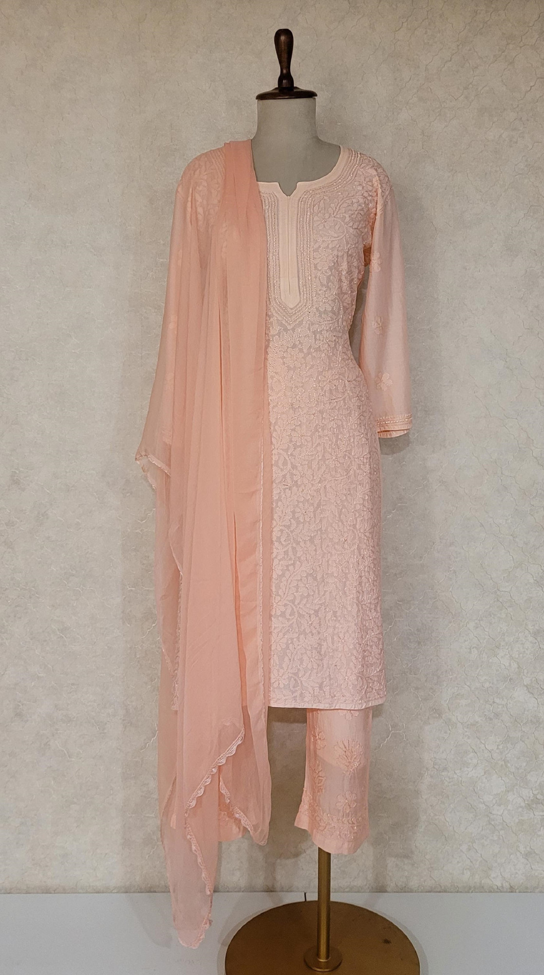 Peach Pink Muslin Chikankari Kurta Set