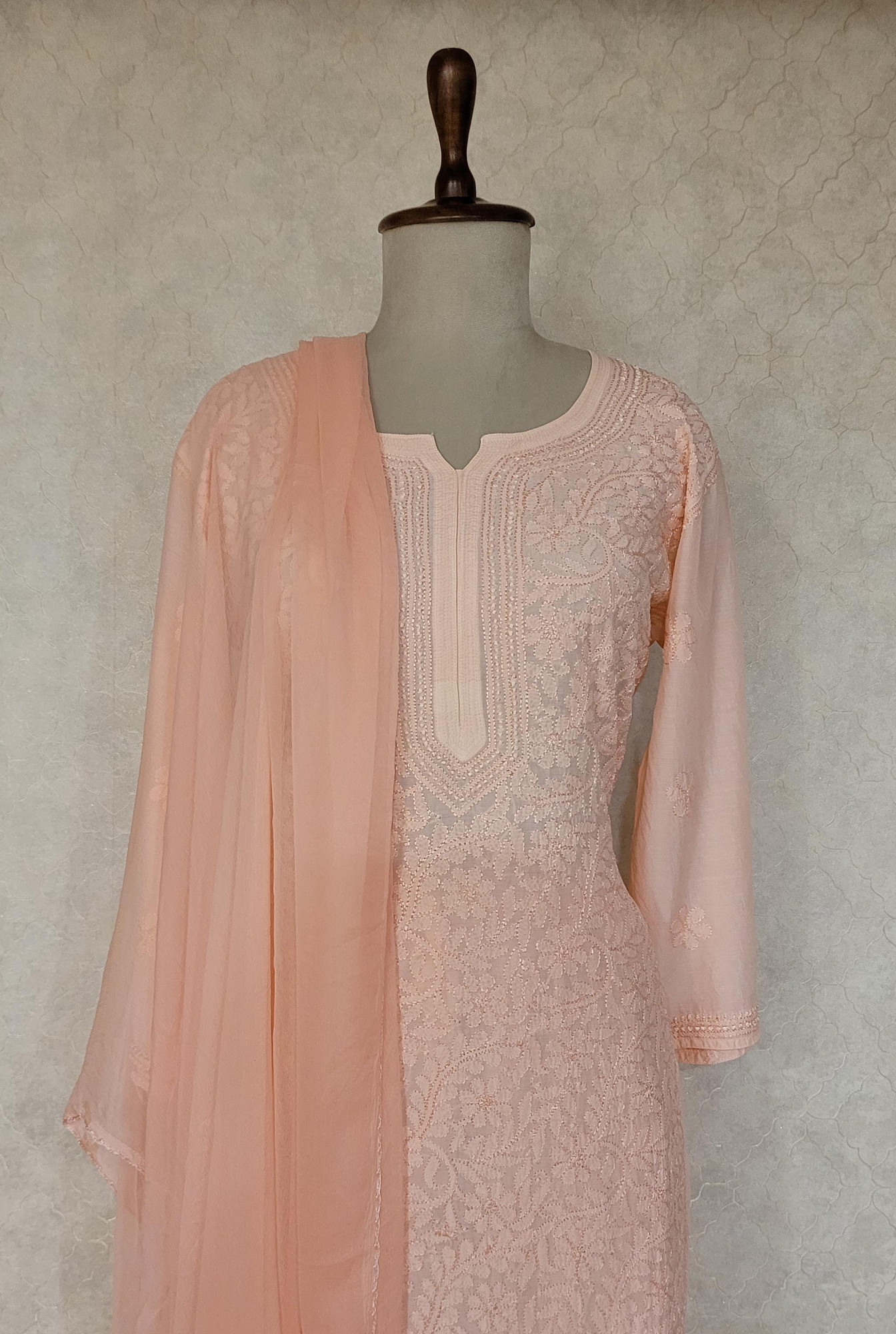 Peach Pink Muslin Chikankari Kurta Set