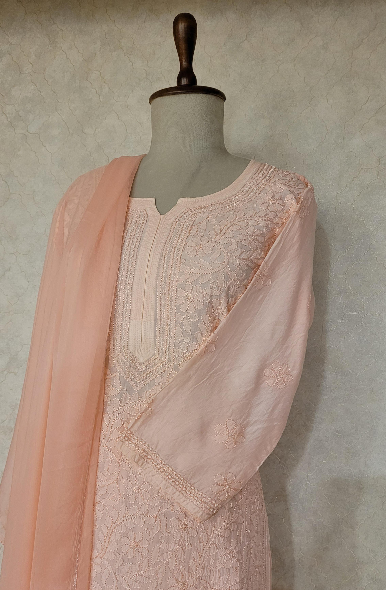 Peach Pink Muslin Chikankari Kurta Set