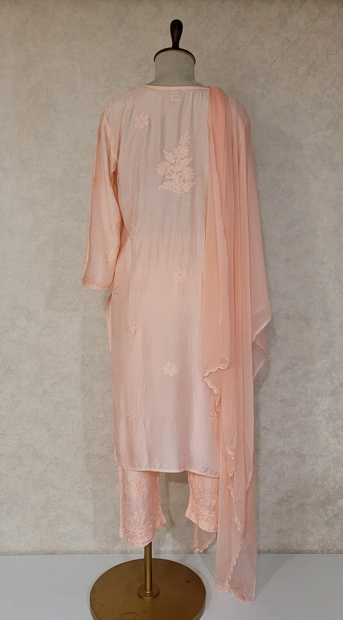 Peach Pink Muslin Chikankari Kurta Set