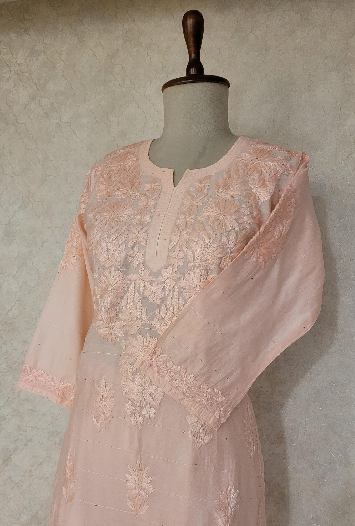 Peach Pink Chanderi Chikankari Kurta & Pant Set