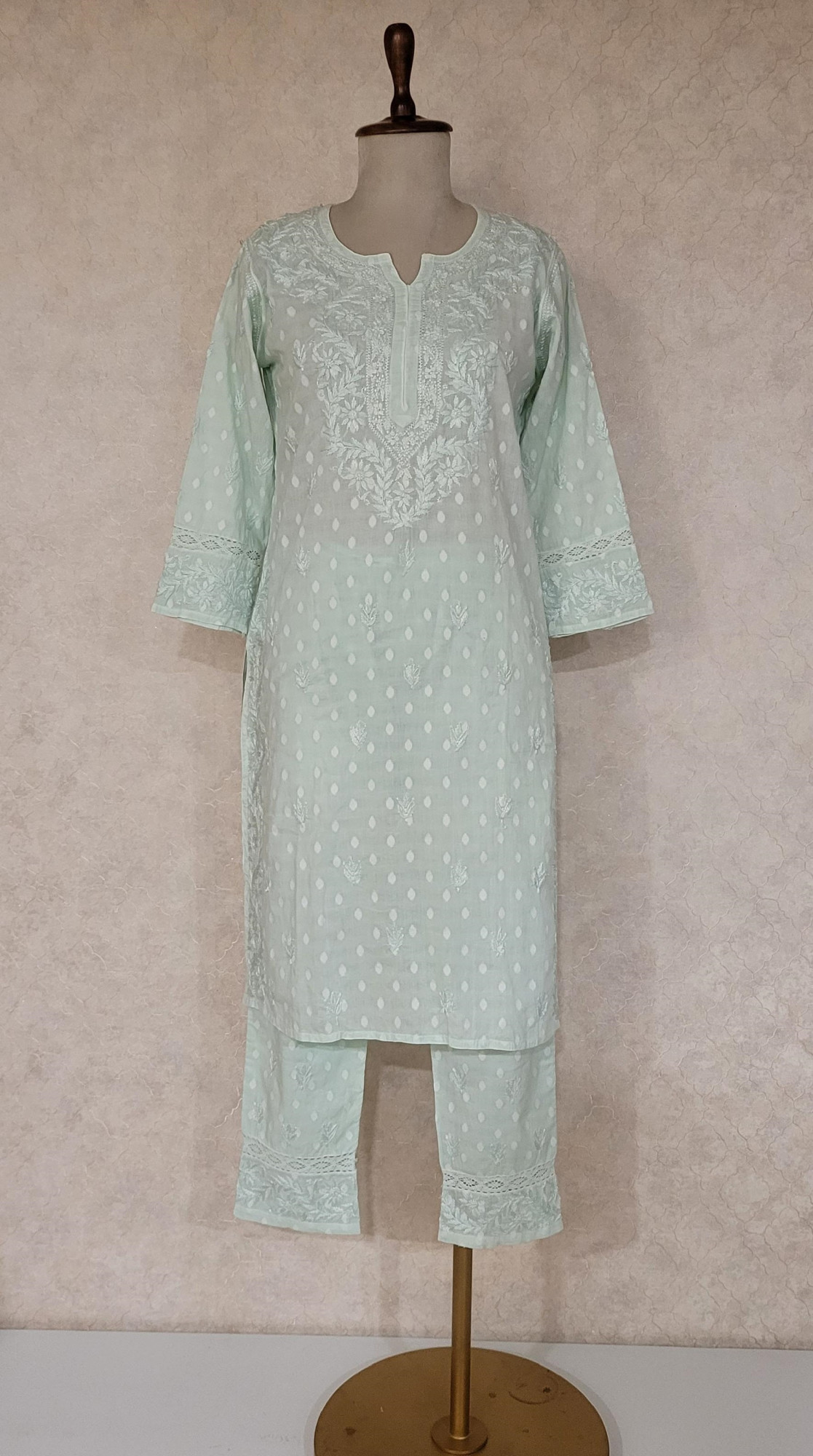 Sea Green Mul Cotton Chikankari Kurta & Pant Set