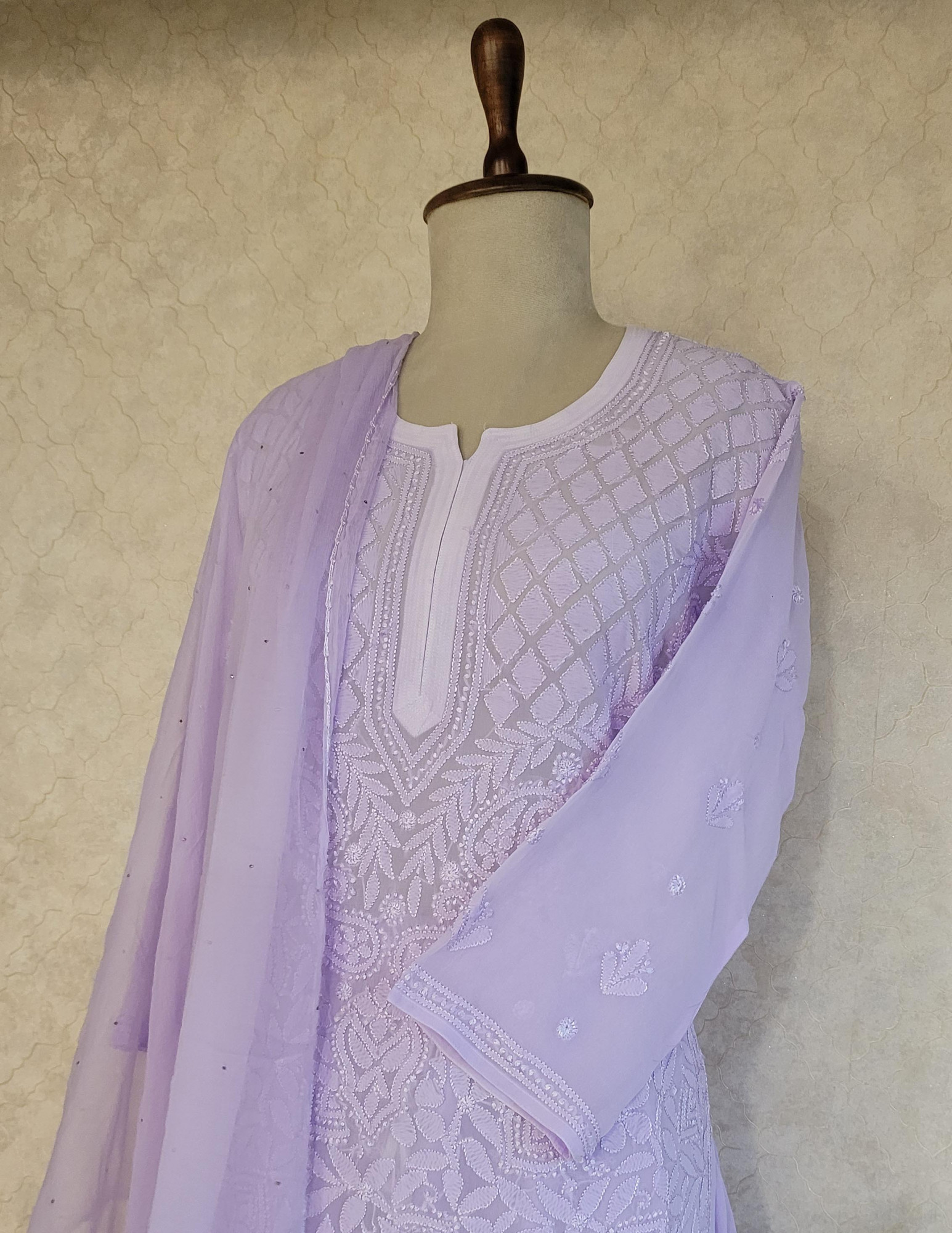Light Purple Viscous Pure Greogette Chikankari Kurta Set