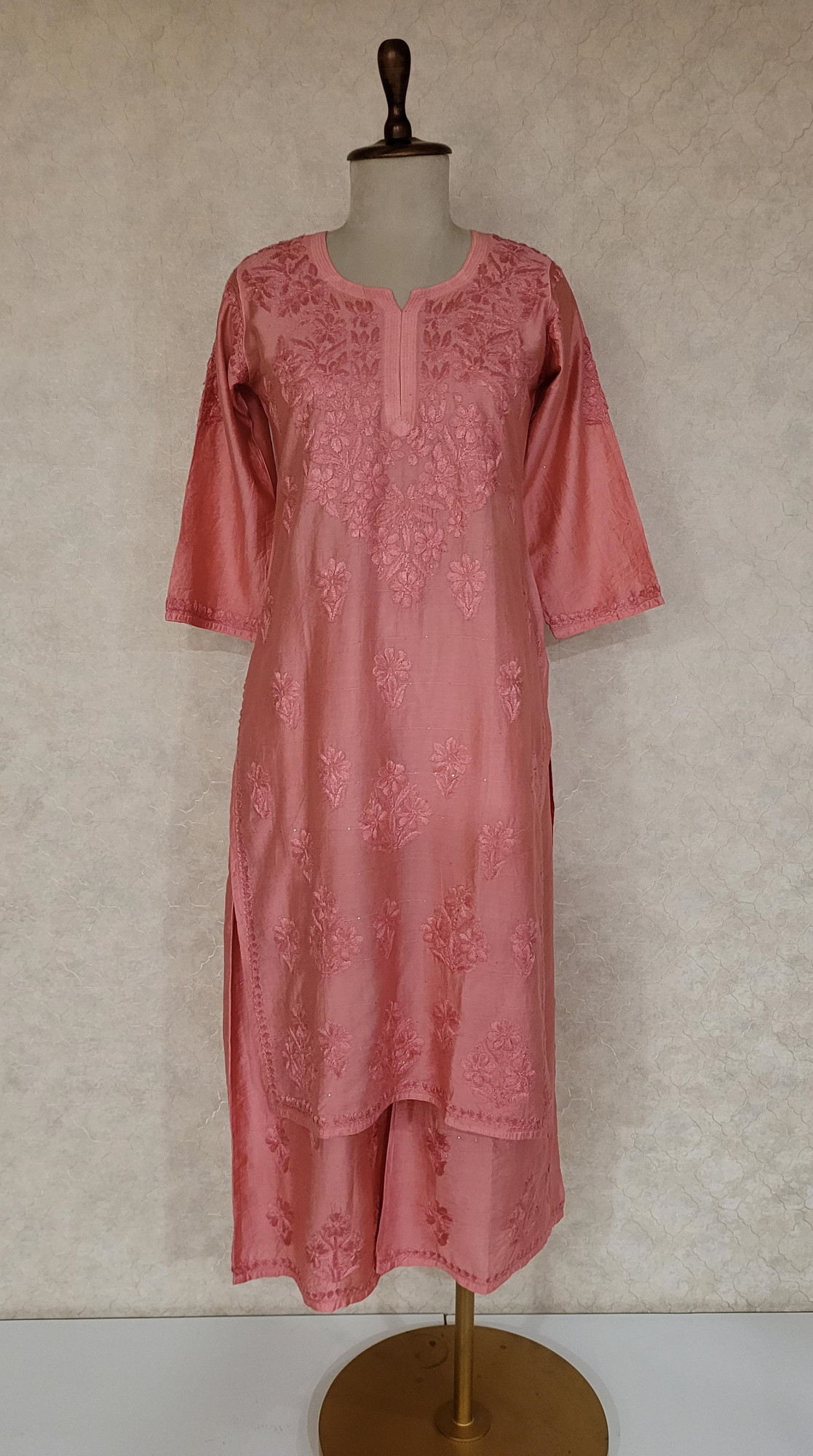 Carrot Pink Chanderi Chikankari Kurta & Pant Set