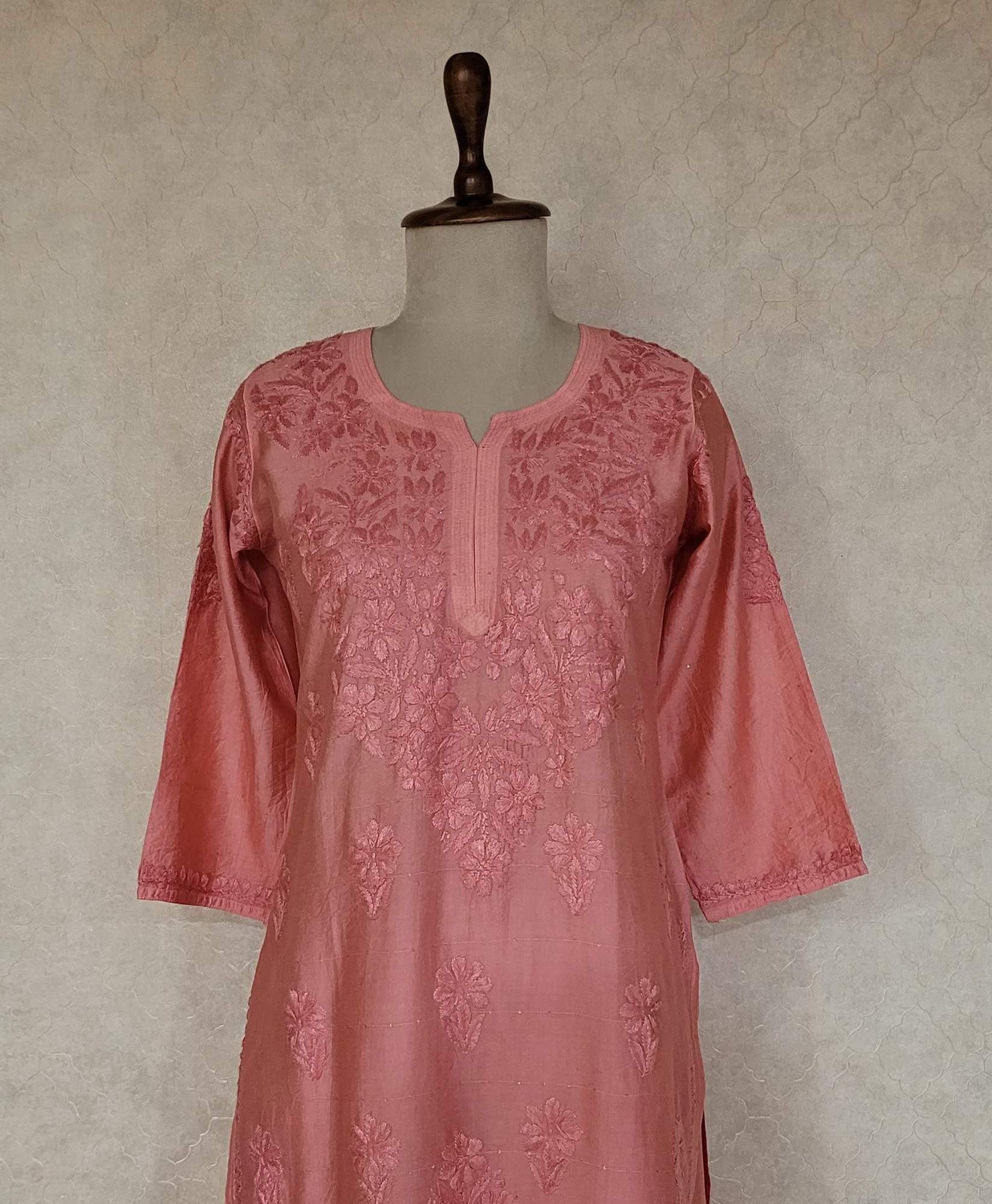 Carrot Pink Chanderi Chikankari Kurta & Pant Set