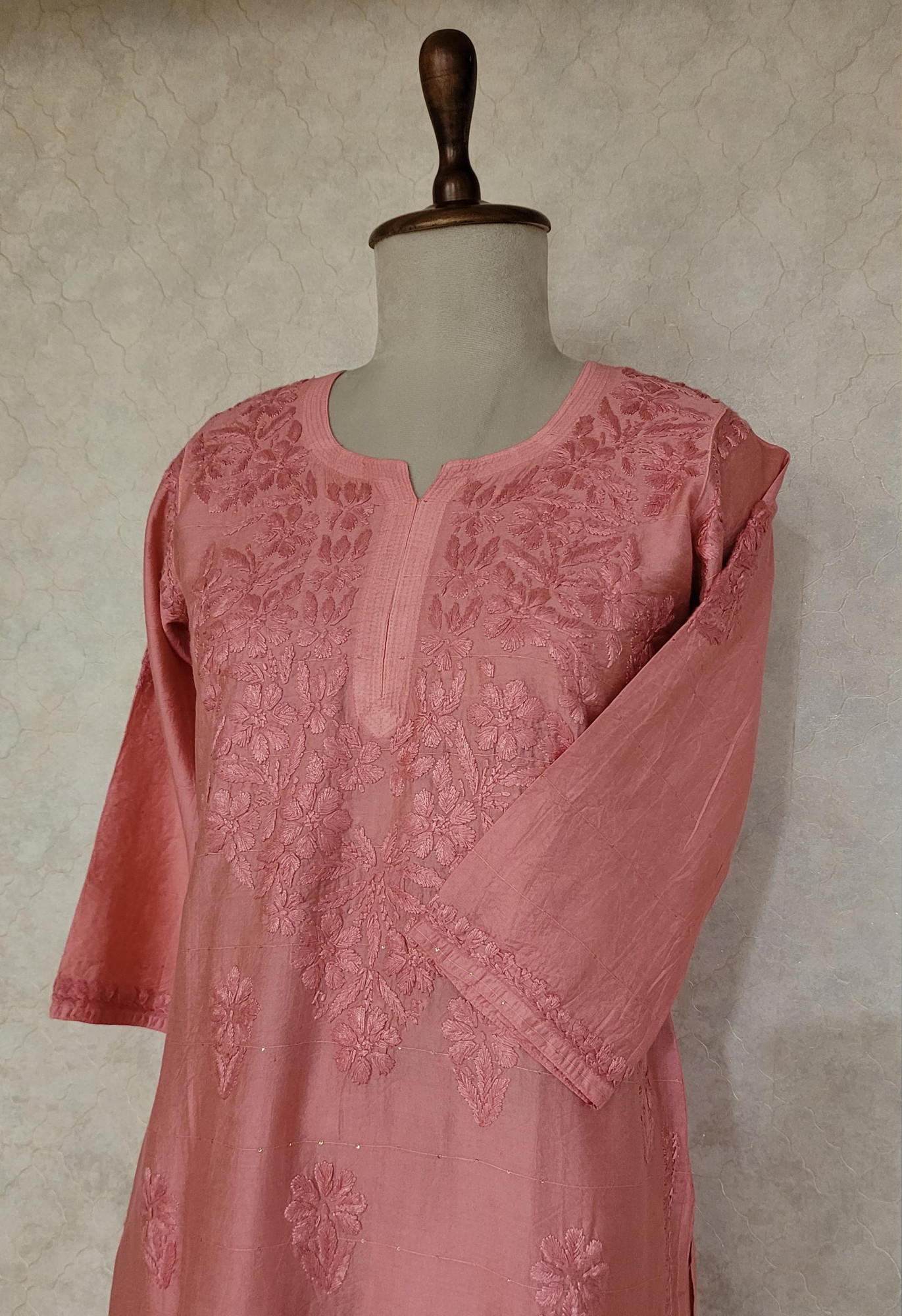 Carrot Pink Chanderi Chikankari Kurta & Pant Set