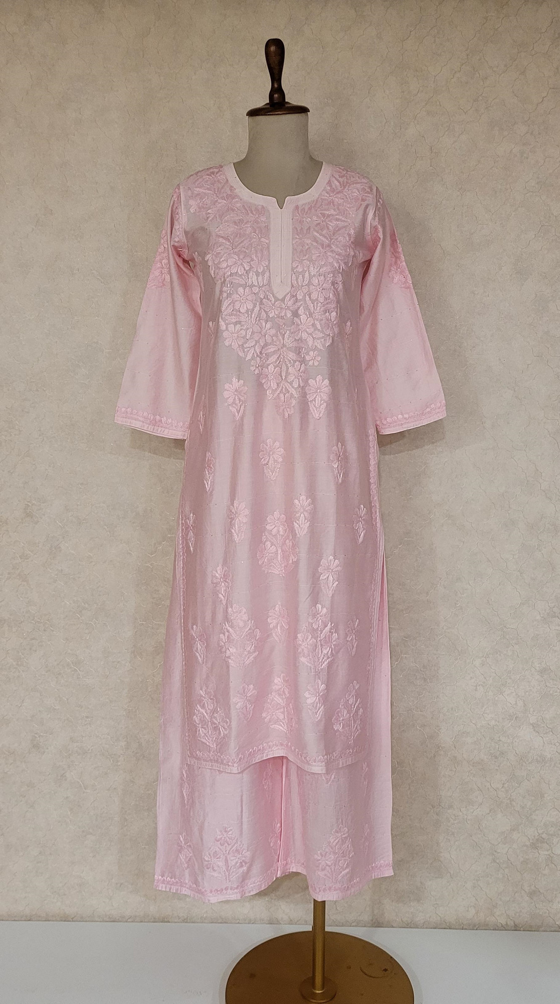 Baby Pink Chanderi Chikankari Kurta & Pant Set