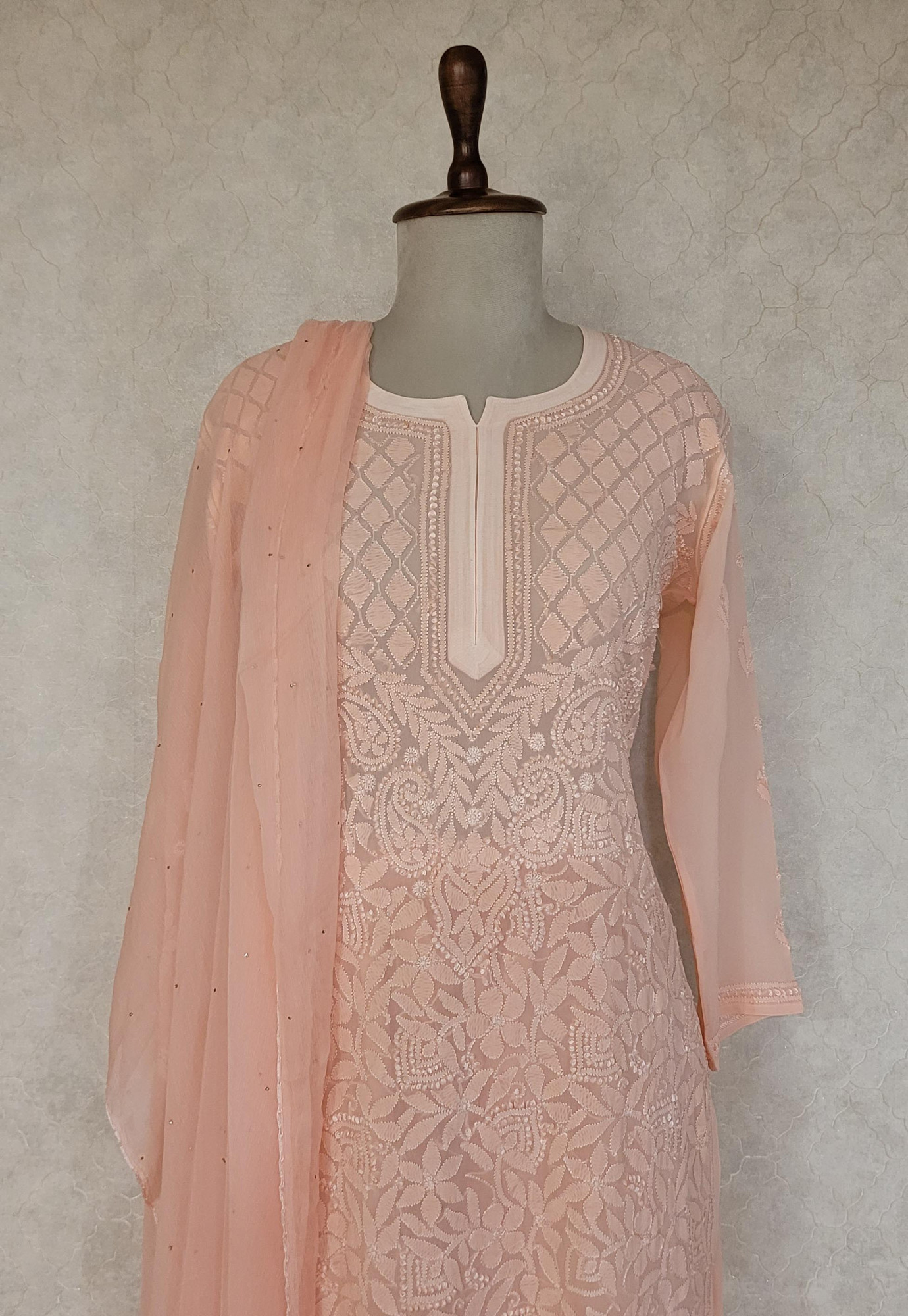Peach Viscous Pure Georgette Chikankari Kurta Set