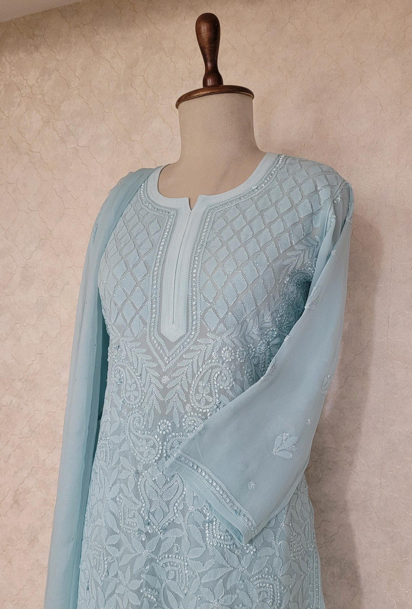 Teal Green Viscous Pure Georgette Chikankari Kurta Set